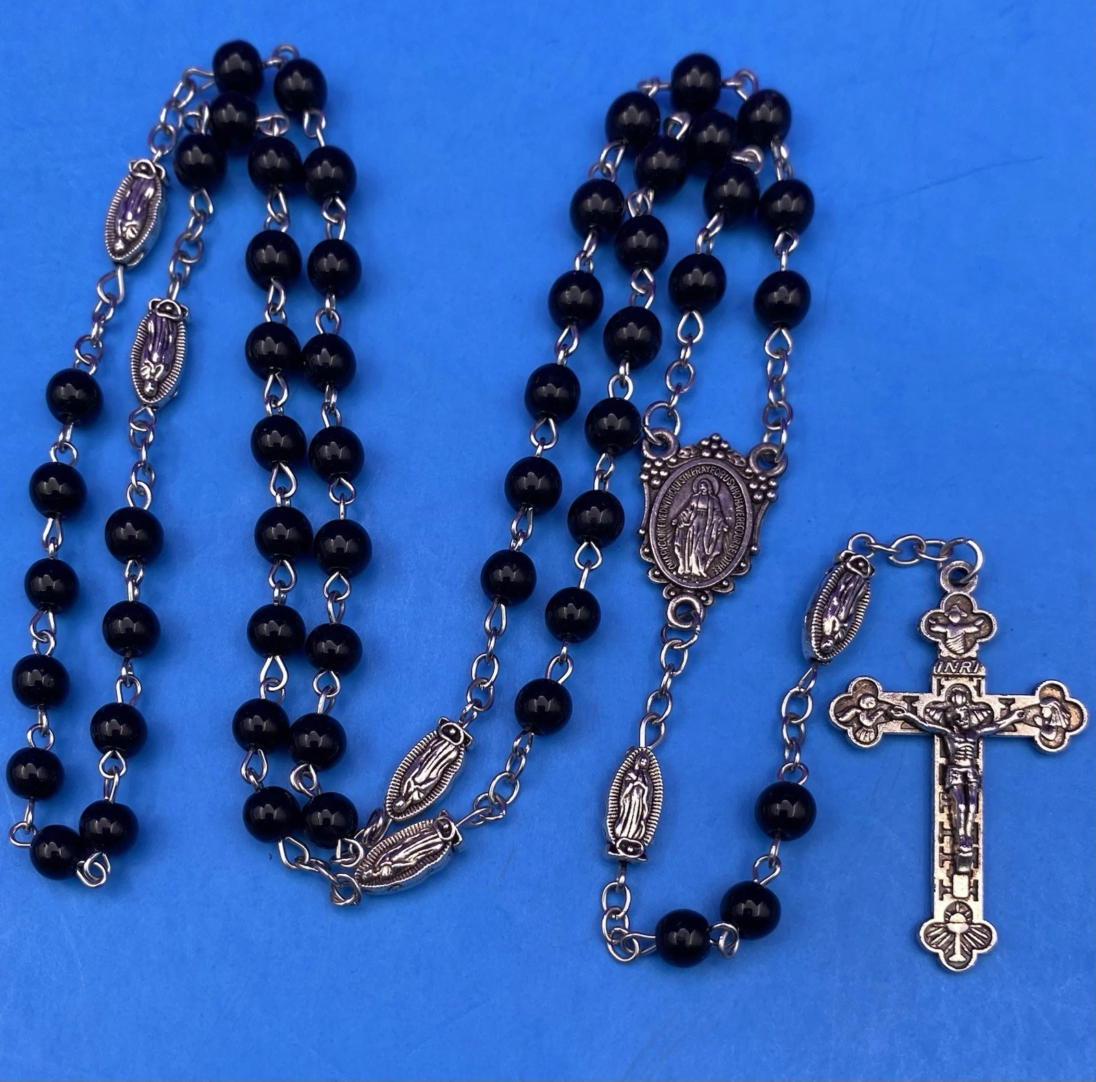 Vintage Black Round Glass Bead Rosary, Virgin Mary, Italy, Christianity 21.5” - Image 3