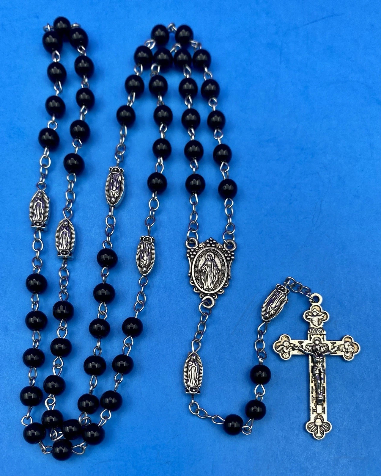 Vintage Black Round Glass Bead Rosary, Virgin Mary, Italy, Christianity 21.5” - Image 4