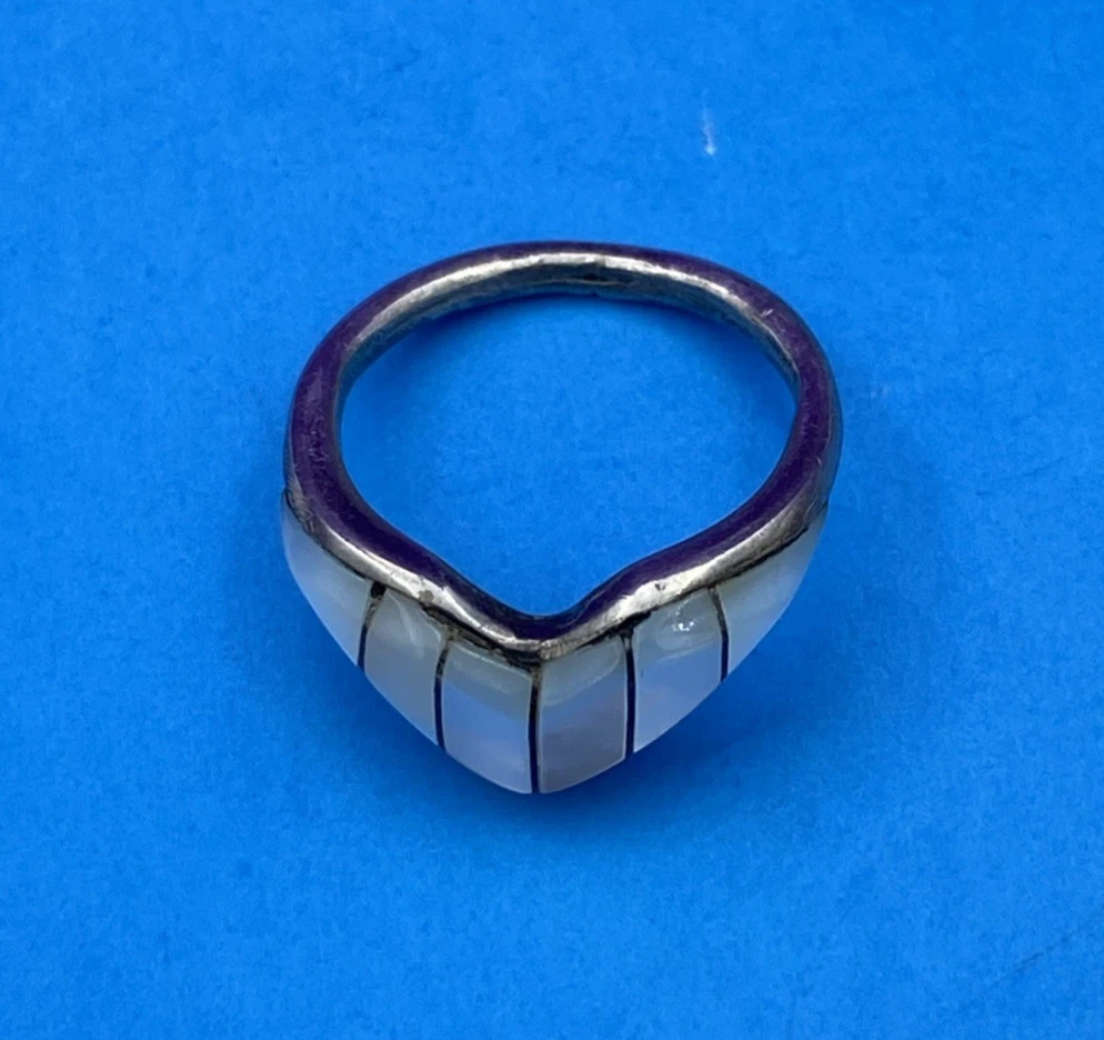 Zuni V Shaped Sterling Silver Mother of Pearl Inlay Ring Size 6.25 - Image 2