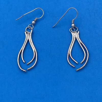 Vintage 925 Sterling Silver Wishbone Teardrop Dangle Drop Hook Earrings