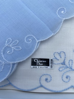 Vintage Christian Dior Handkerchief Set, Blue, White, floral embroidery, Wedding - Image 8