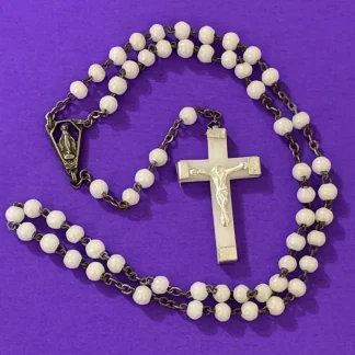 Vtg White Round Glass Beads Petite Rosary, Virgin Mary, ITALY, Jerusalem 14”