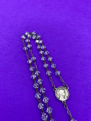Vtg Aurora Borealis Crystal Bicone Faceted Glass Petite Rosary, MOP Crucifix,15” - Image 9