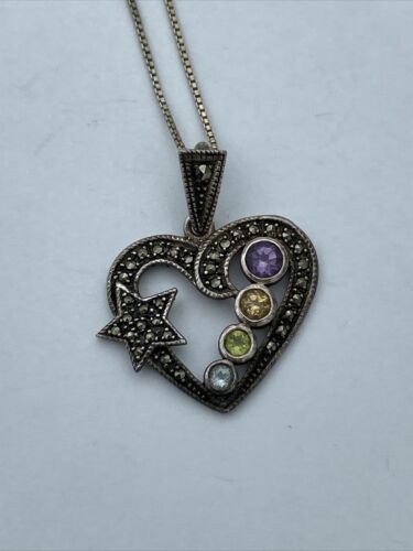 Vintage Sterling Silver Multi Gemstone Marcasite Heart Star Pendant Italy Chain - Image 4