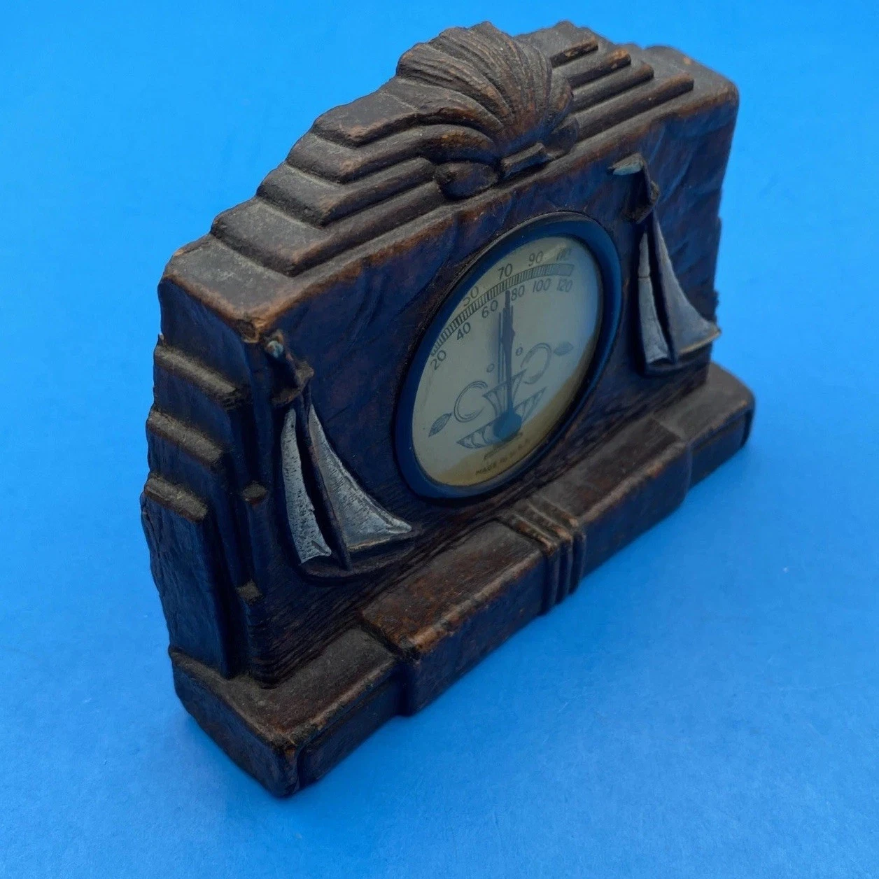 Syroco Art Deco Nautical Sailboat Desktop Thermometer 1930s Comp Wood USA Shells - Image 6