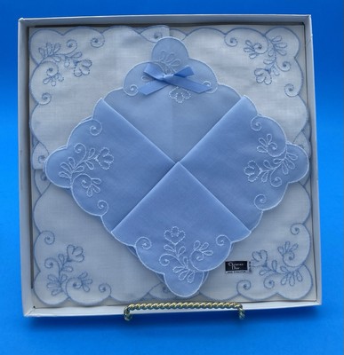 Vintage Christian Dior Handkerchief Set, Blue, White, floral embroidery, Wedding - Image 5