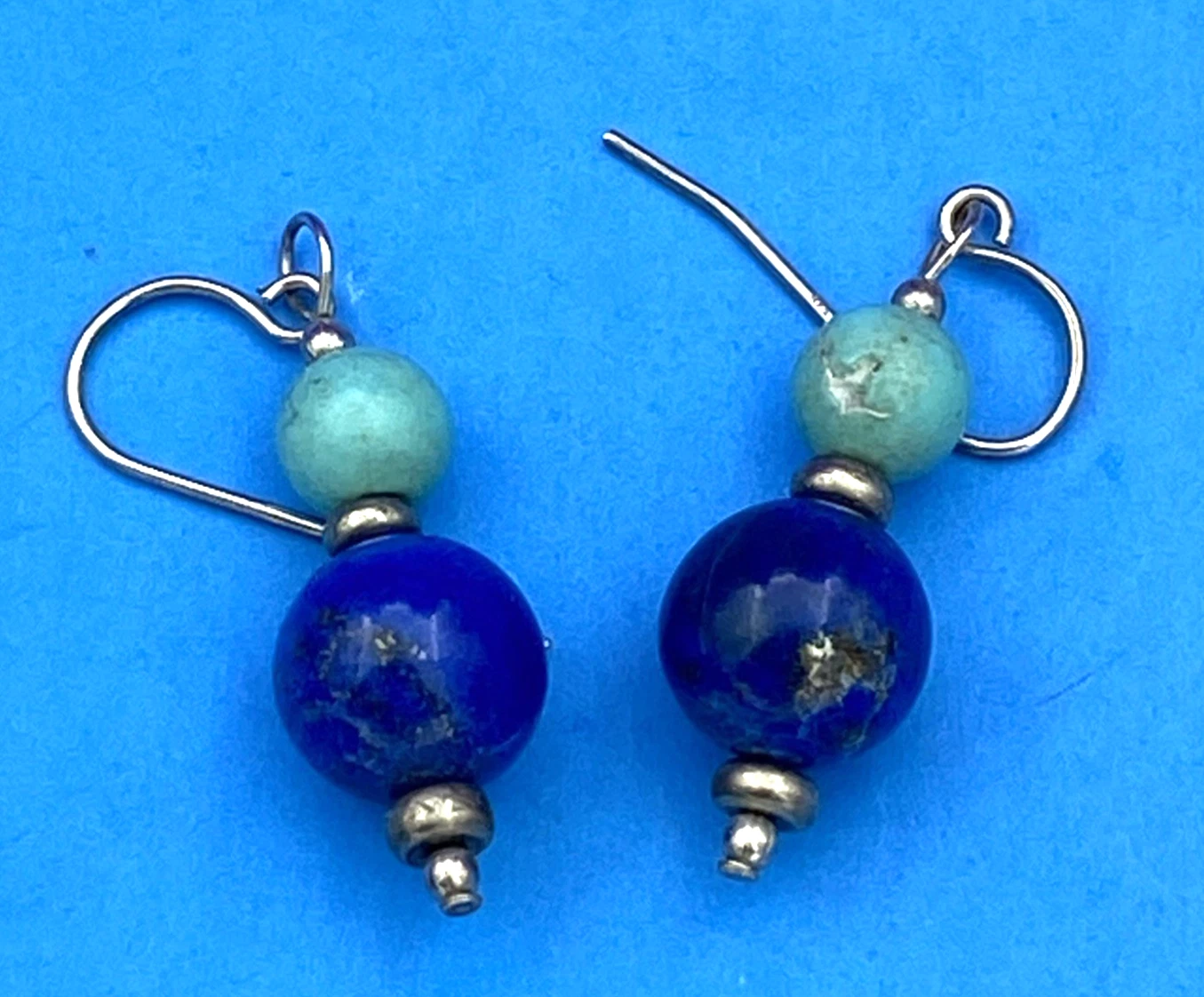 Vintage Round Lapis Lazuli & Turquoise Beaded Sterling Silver 925 Hook Earrings - Image 6