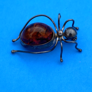 Vintage Authentic Sterling Silver & Baltic Amber Spider Critter Brooch Pin