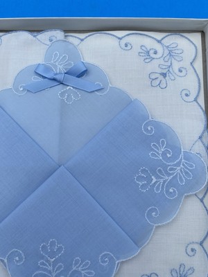 Vintage Christian Dior Handkerchief Set, Blue, White, floral embroidery, Wedding - Image 12