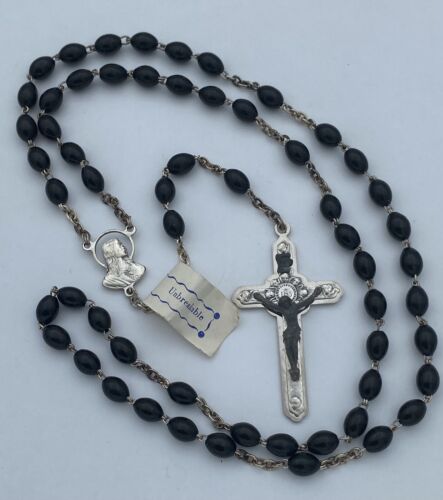 Vtg Black Acrylic Unbreakable Chain Cherub Crucifix Rosary Italy Christianity