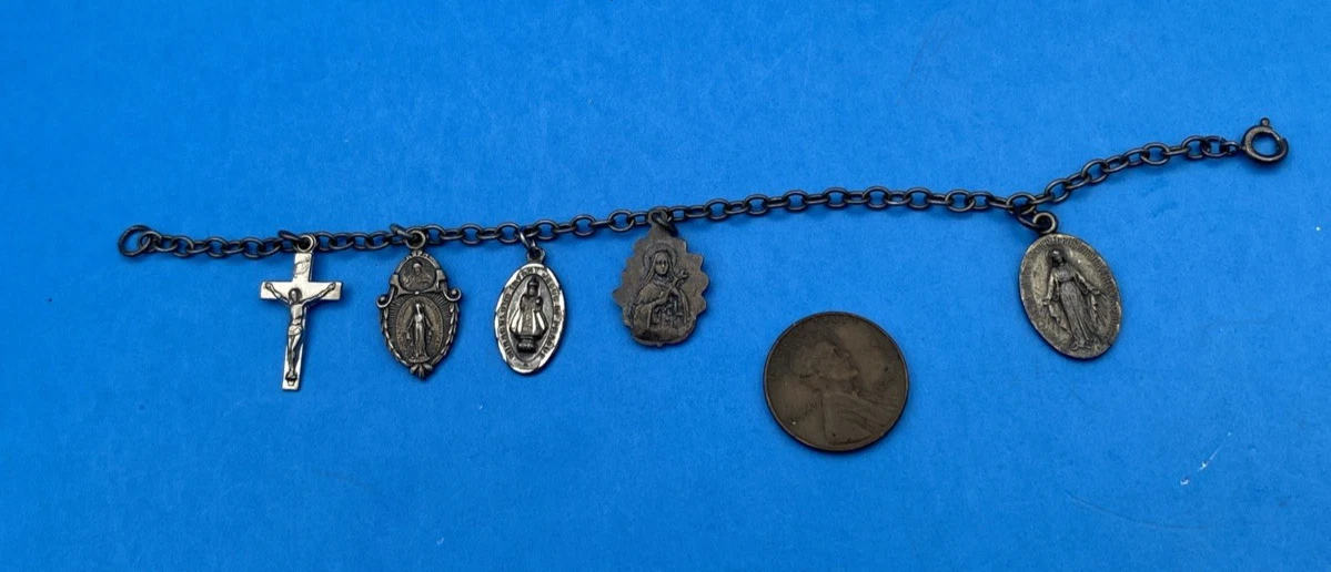 Vintage Sterl. Catholic Charm Bracelet 6.5" Miraculous Prague Jesus Crucifix Set - Image 3