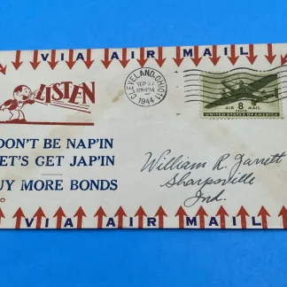 1944 Cleveland WWII Patriotic Airmail Cover Kosko LISTEN 'Don't Be Nap'in' C26