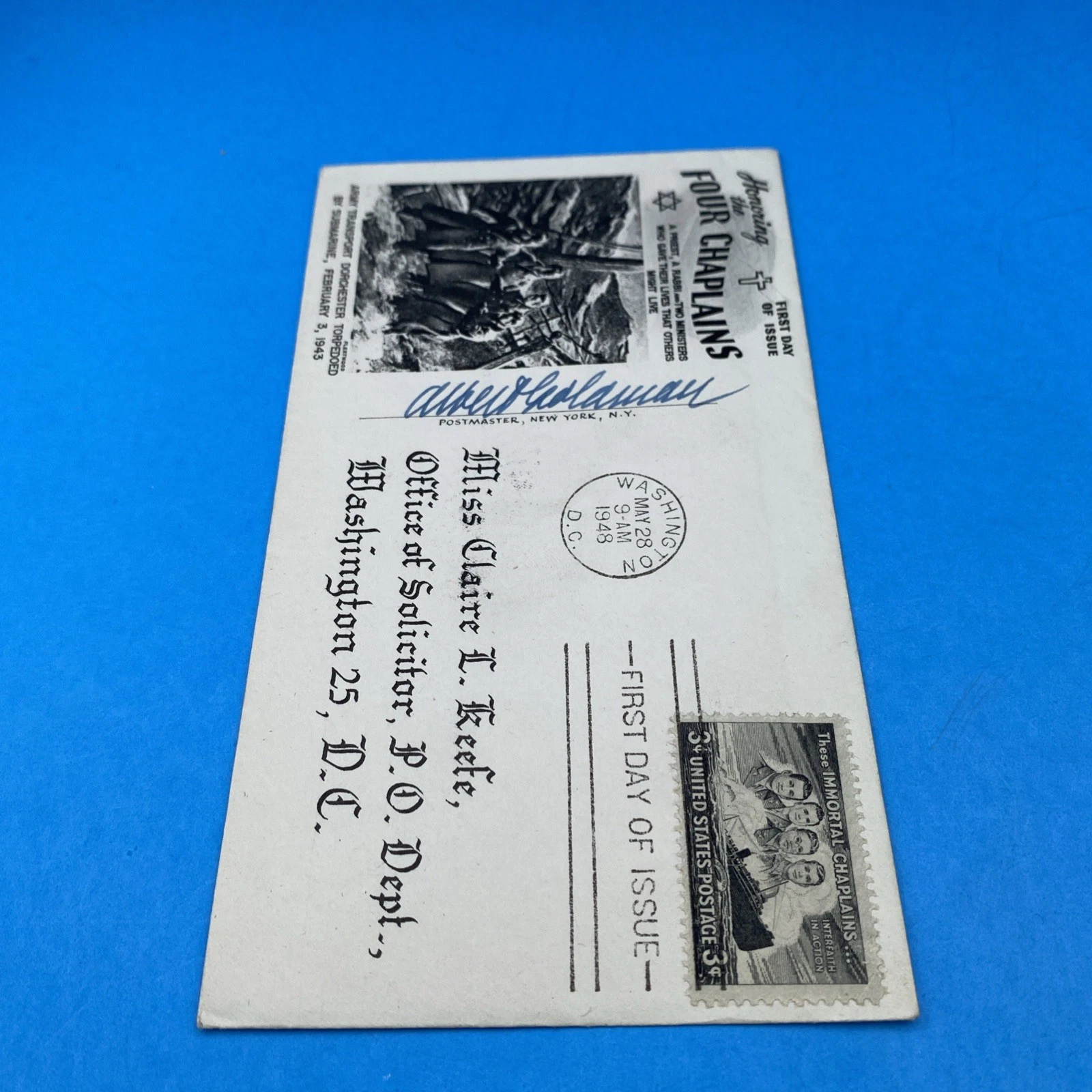 1948 Four Chaplains Fleetwood Cover Signed Albert Goldman Claire Keefe, FDC WW2 - Image 4