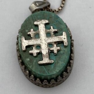 Vintage Sterling Silver Jerusalem Crusader Cross Green Pendant & Italy Chain
