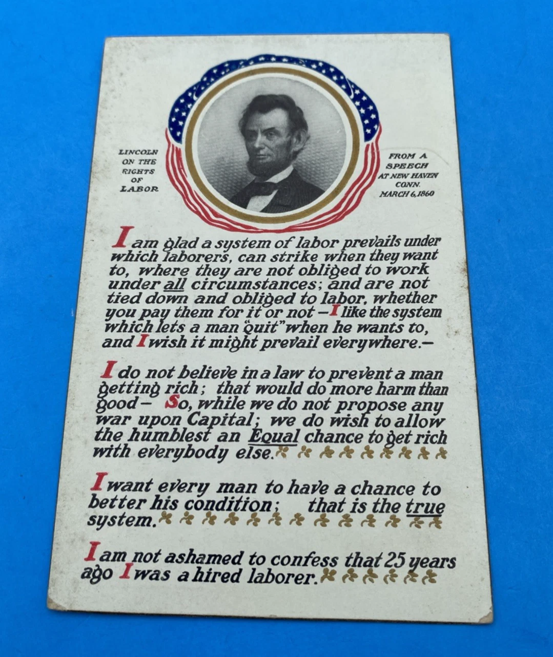c.1908 Sheahan Abraham Lincoln Memorial Postcard Rights of Labor Quote Unused PC