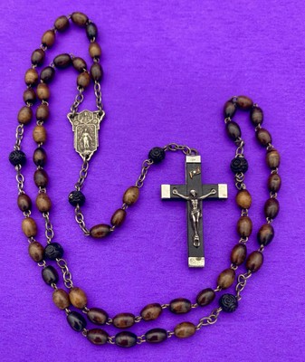 Antique Vintage Ebony Wood Bead Rosary, Virgin Mary, Jesus, FRANCE, Christianity - Image 3