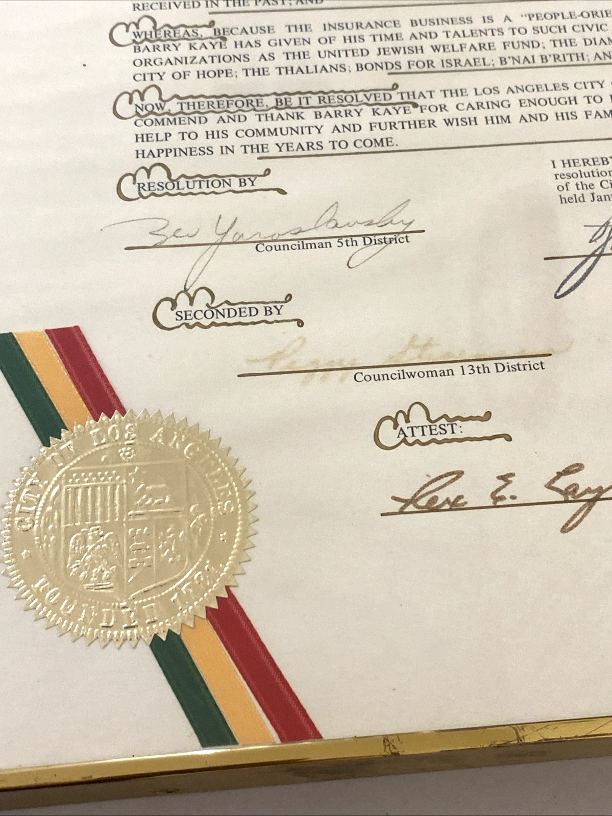 1976 Los Angeles Council Resolution Barry Kaye Signed Seal Framed 12x22 - Image 4