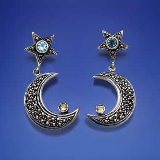 Vintage Sterling silver Citrine Marcasite Crescent Moon Star Earrings