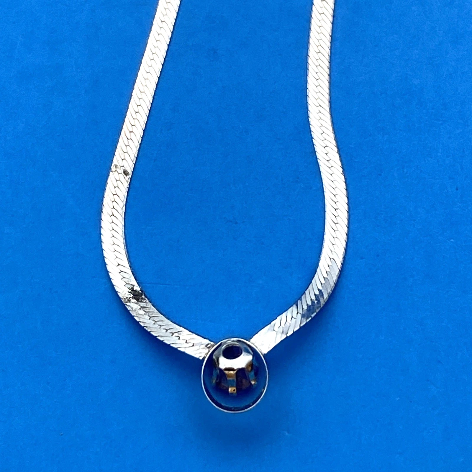 925 Italy SU Herringbone Chain Necklace 16in Fixed Purple Oval Gem Stone Pendant - Image 8