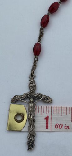 VINTAGE ITALY RED OBLONG BEADED ROSARY CHRISTIANITY - Image 11
