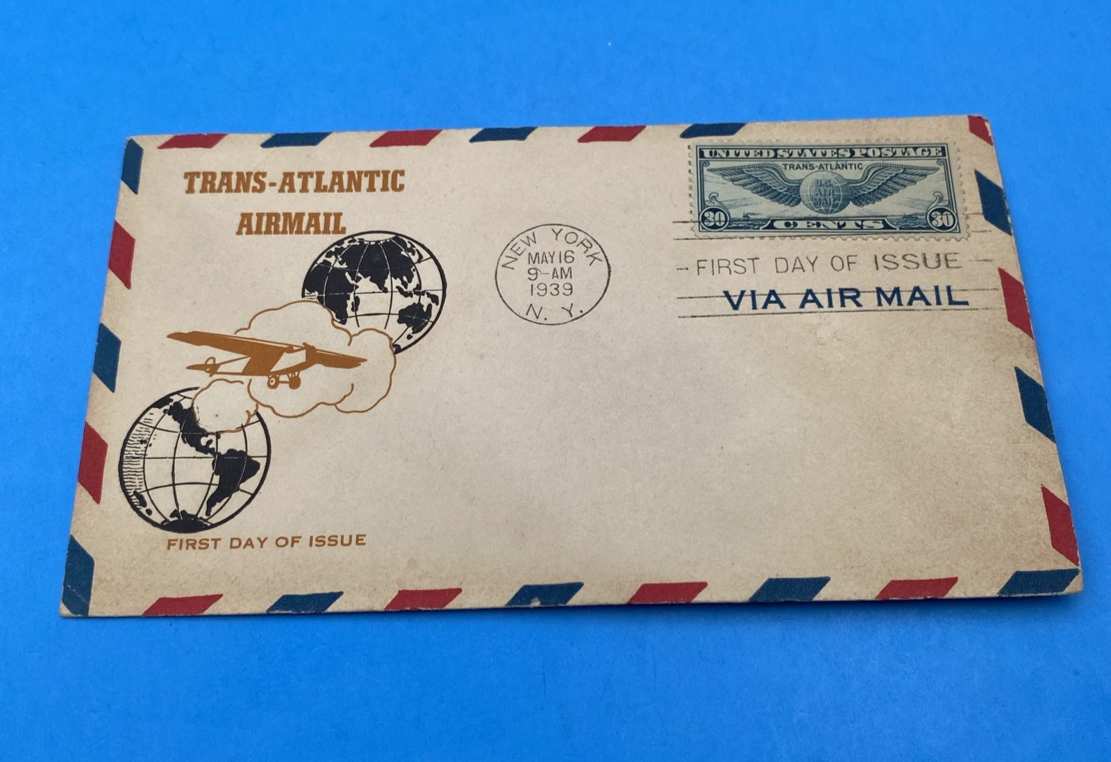 1939 Trans-Atlantic Airmail FDC C24 Winged Globe NY First Day Harry Simon Cachet