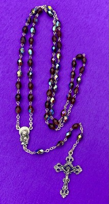 Vtg Claudio Cipolletti Red Aurora Borealis Crystal Faceted Glass Rosary, ITALY - Image 3