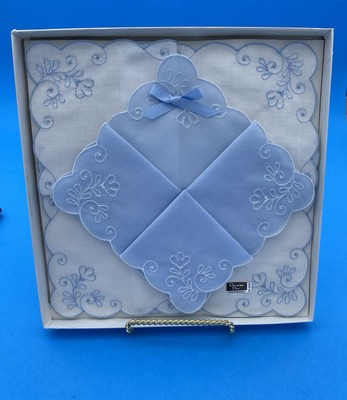 Vintage Christian Dior Handkerchief Set, Blue, White, floral embroidery, Wedding - Image 6