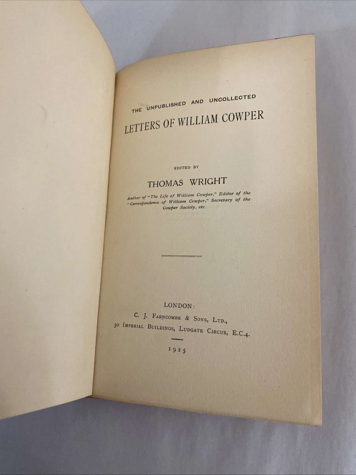 1925 Cowper Unpublished & Uncollected Letters Thomas Wright Farncombe London H/C - Image 3