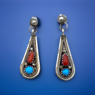 Native American Sterling Earrings Vintage Red Coral/Turquoise
