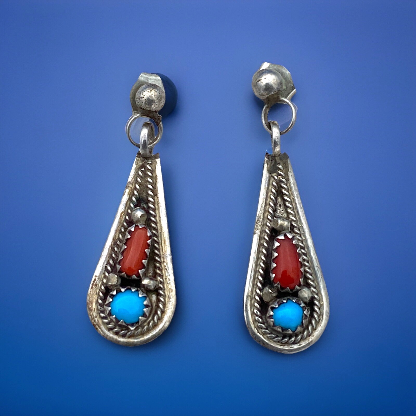 Native American Sterling Earrings Vintage Red Coral/Turquoise