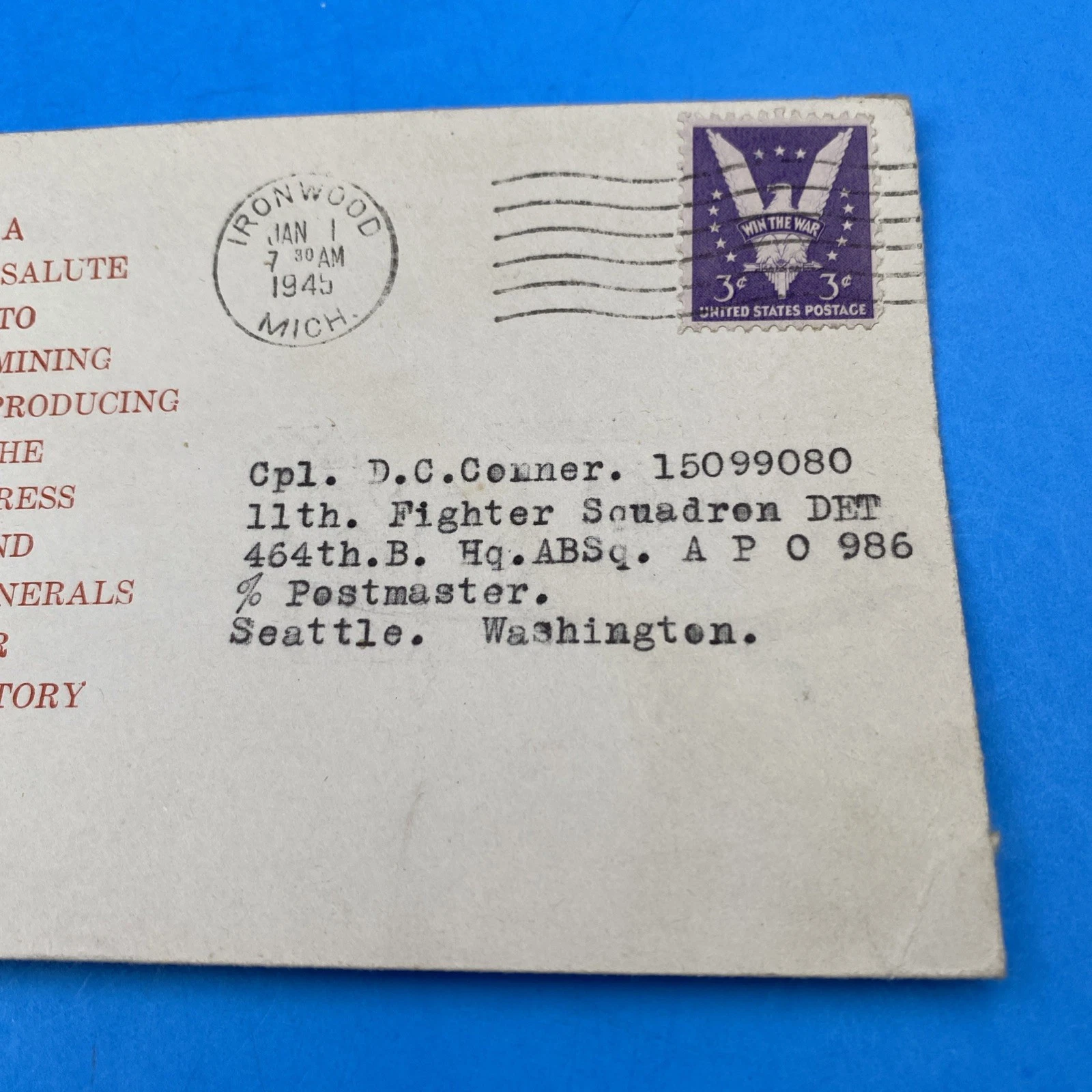1945 Ironwood MI WWII Mining Patriotic Cover J.L.G.3 Garland to APO 986 Aleutian - Image 3