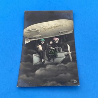 Bonne Annee Zeppelin Postcard Blimp Airship Kids Children in Basket Flowers