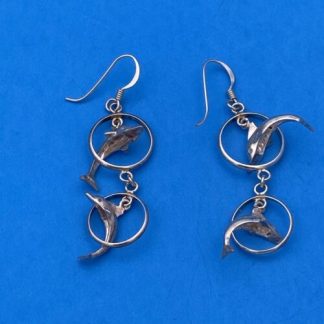 VINTAGE .925 Sterling Silver Dual Floating Dolphin Hoop Earrings, French Wires