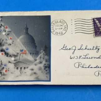 1943 Santa Claus IN WWII Christmas Cover 3¢ Win the War, Capitol sticker cachet