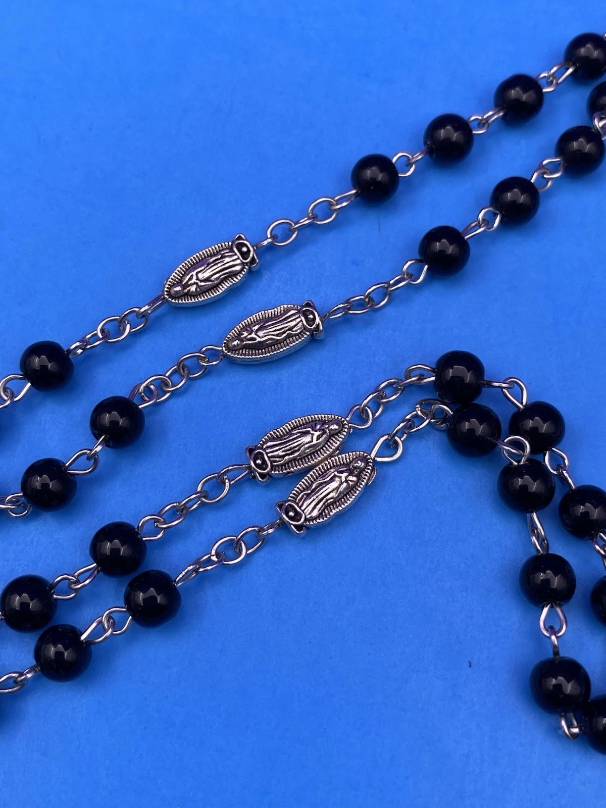Vintage Black Round Glass Bead Rosary, Virgin Mary, Italy, Christianity 21.5” - Image 5