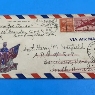1942 LA to APO 819 Venezuela WWII Airmail 12¢, Censored, God Bless America label