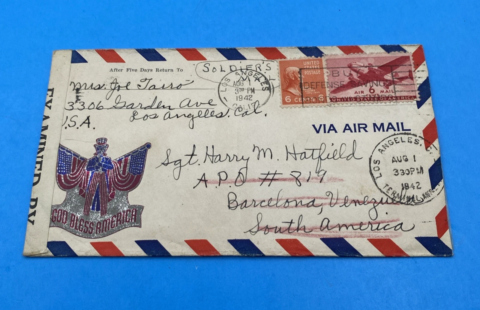 1942 LA to APO 819 Venezuela WWII Airmail 12¢, Censored, God Bless America label