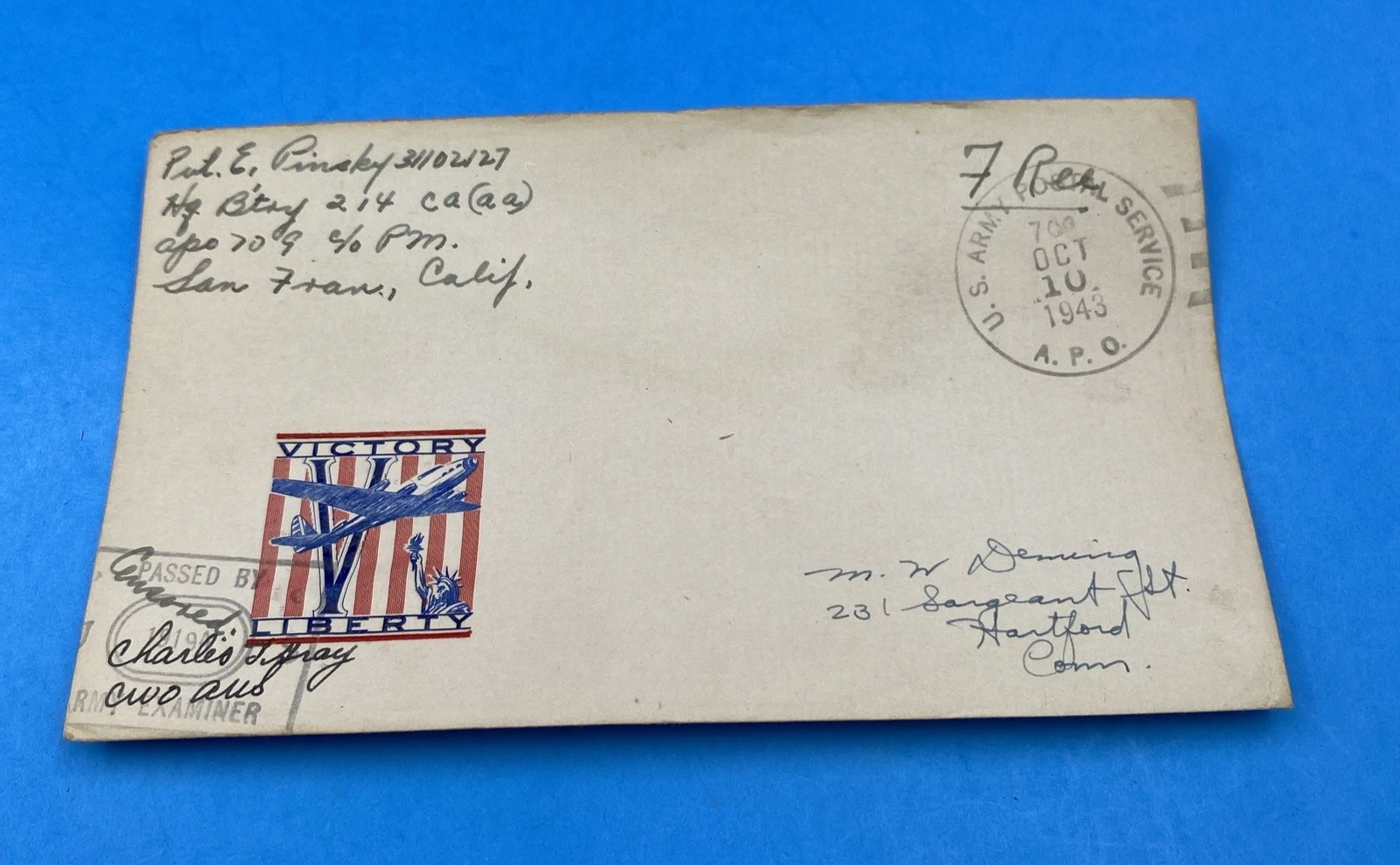 1943 APO 709 Guadalcanal WWII US Censored Cover, Embossed Victory Cachet, 7¢ Due