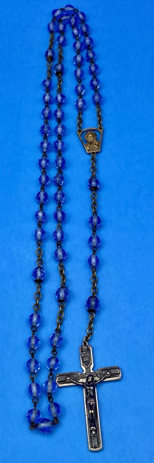Vintage Beautiful Blue Givre Faceted Glass Rosary, Jesus, Christianity, 20.5” - Image 6