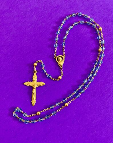 Vintage Blue Faceted Glass Petite Rosary, Virgin Mary, Italy, Christianity, 14”
