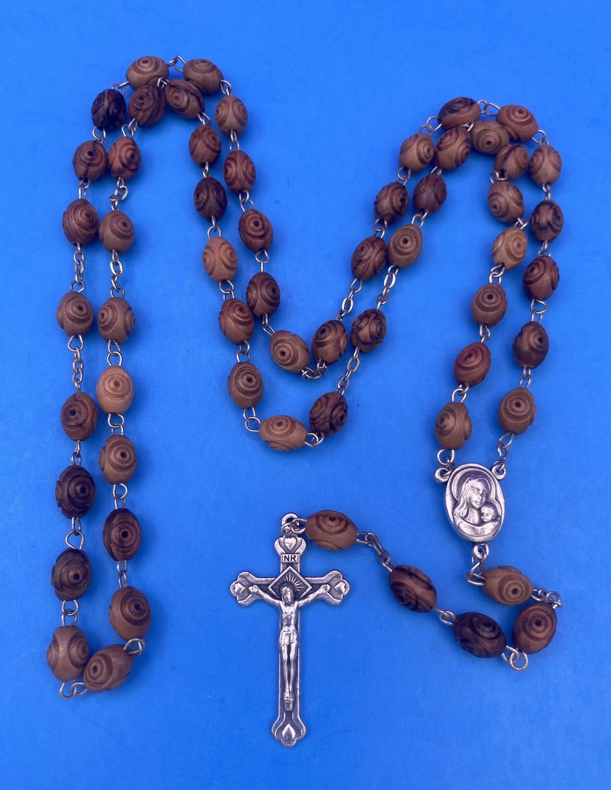 Carved Olive Wood Rosary, Terra Jerusalem Reliquary, Virgin Mary, Christianity - Image 4