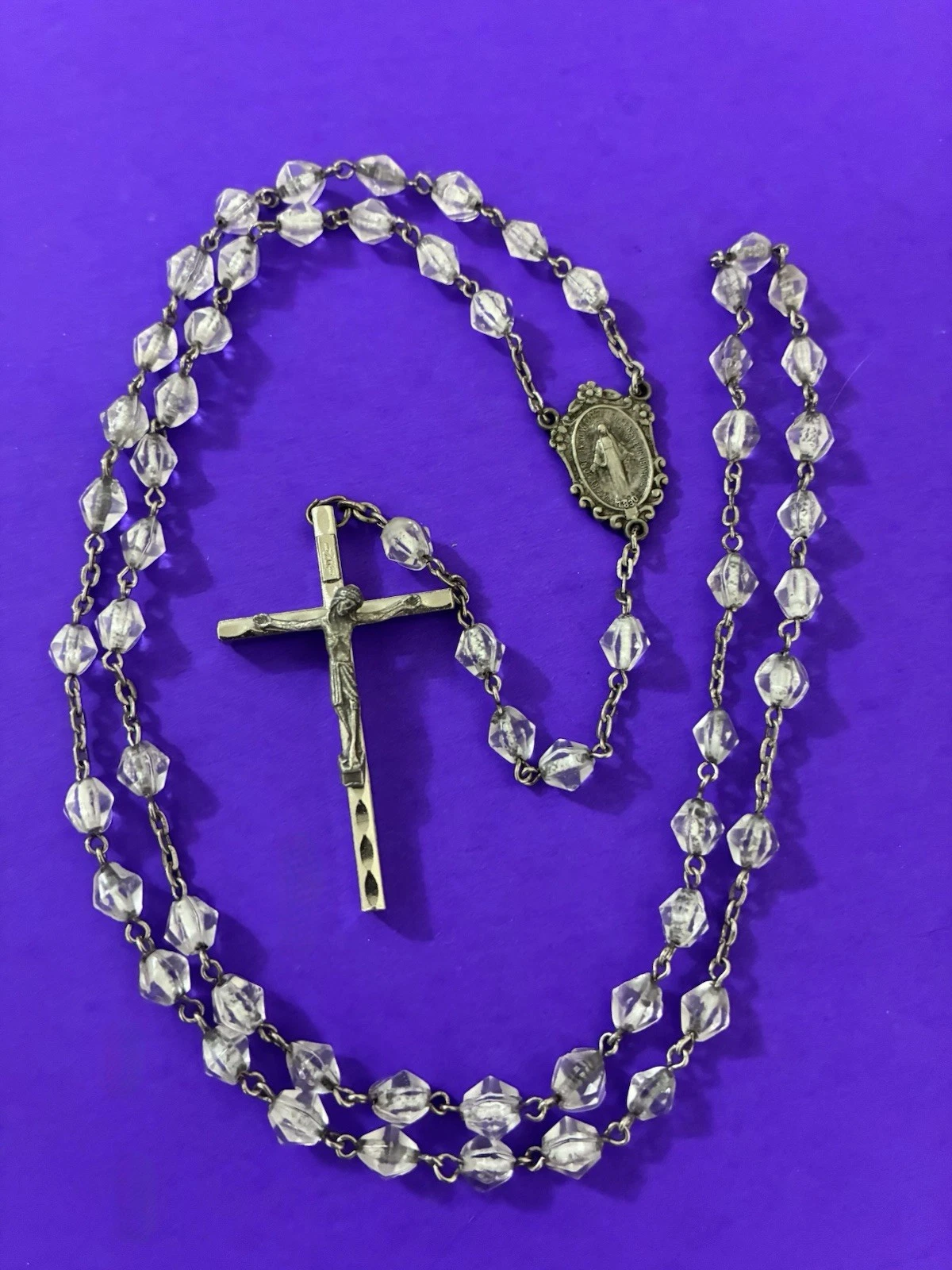 Vintage Bicone Opaque Faceted Glass Rosary, Virgin Mary Jesus Italy Christianity - Image 10