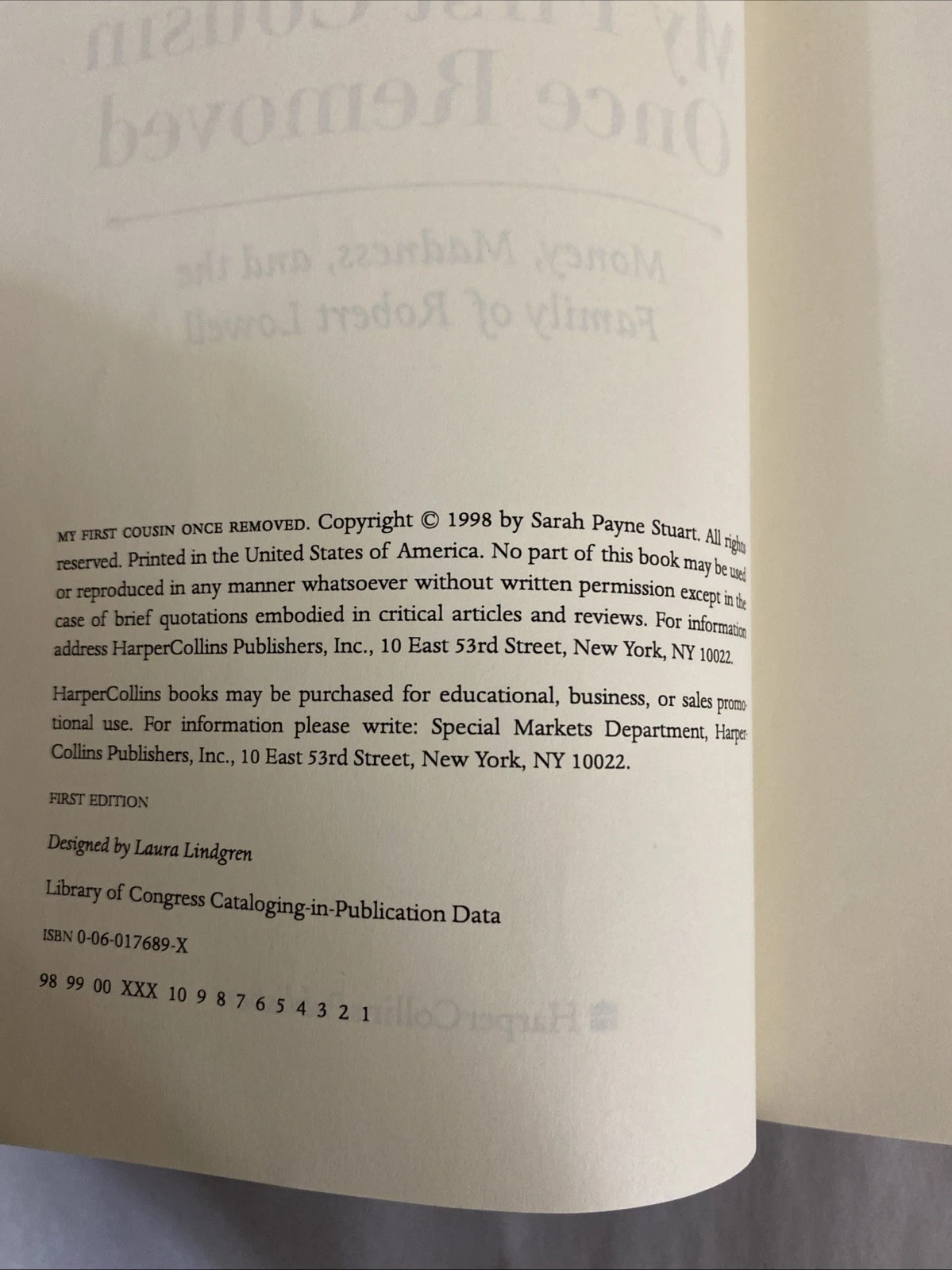 Uncorrected Proof ARC My First Cousin Once Removed Sarah Payne Stuart 1998 1stEd - Image 7
