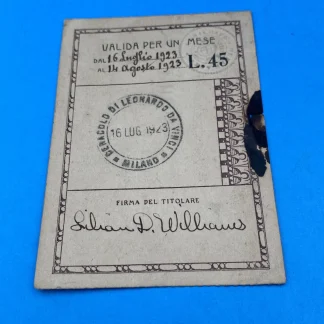 1923 Italy Royal Museum Pass Milano Lilian Williams Leonardo da Vinci