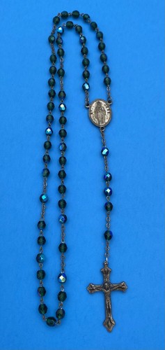 Vintage Peacock Green/Blue AB Faceted Glass Rosary, St Jude, Italy, Christianity - Image 2