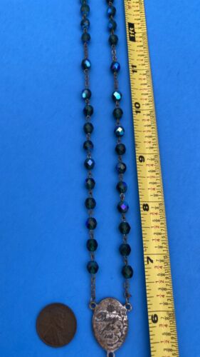 Vintage Peacock Green/Blue AB Faceted Glass Rosary, St Jude, Italy, Christianity - Image 9