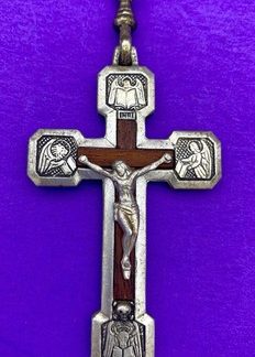 Via Crucis Crucifix Pendant, Wood Inlay Silver Tone, ITALY, Christianity, Jesus