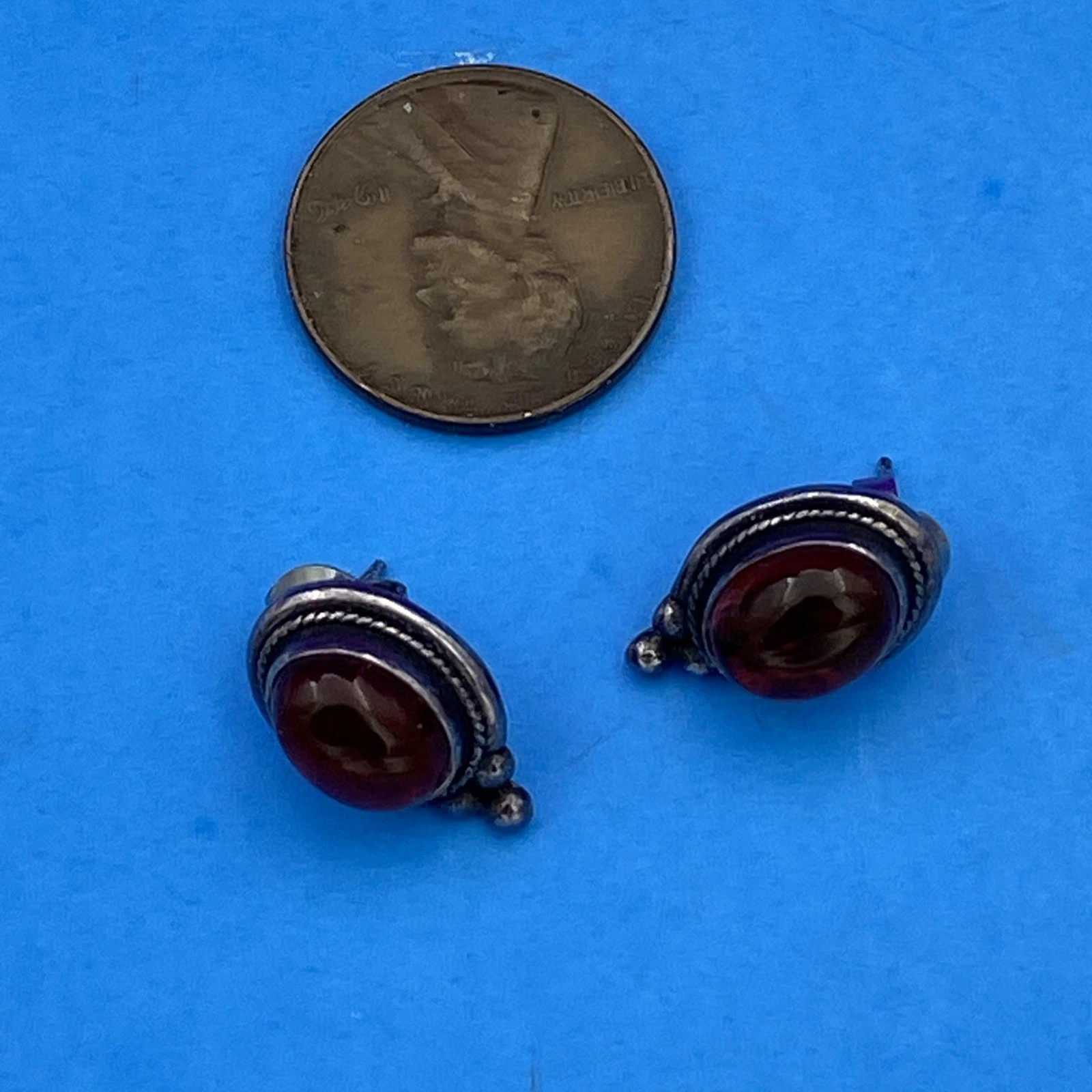 Vintage Native American Navajo Amber Sterling Silver 925 Oval Stud Earrings - Image 2