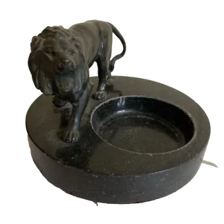 1930s Collectible Art Deco Black Marble Ashtray with Prowling Spelter Lion