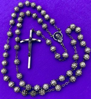 Vintage Textured Metallic Bead Rosary, Mary, Jesus, ITALY, Christianity, 19”